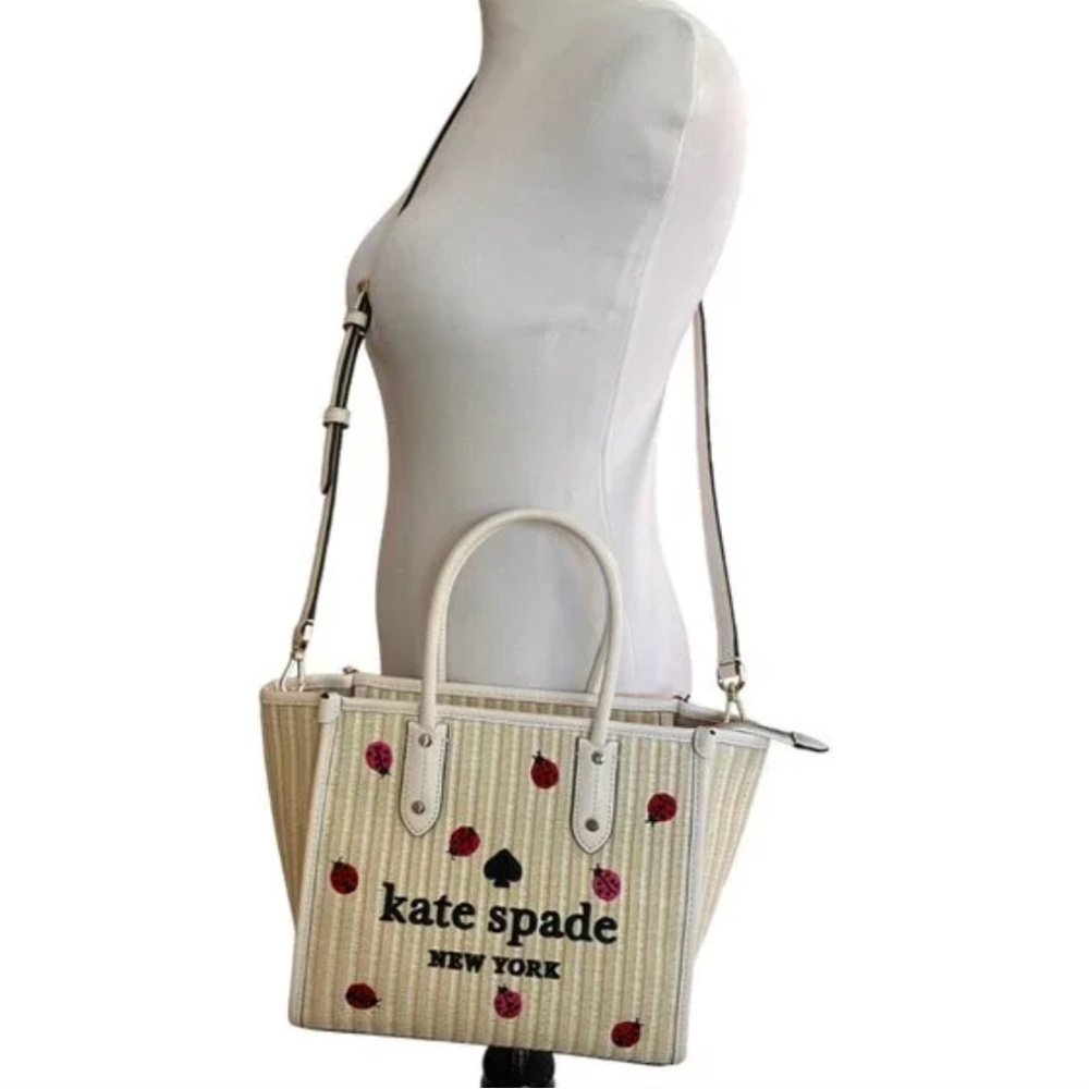 Kate Spade Ella Dottie Ladybug Embroidered Straw/Leather Small Tote (Rare, NWT) - Picture 2 of 9